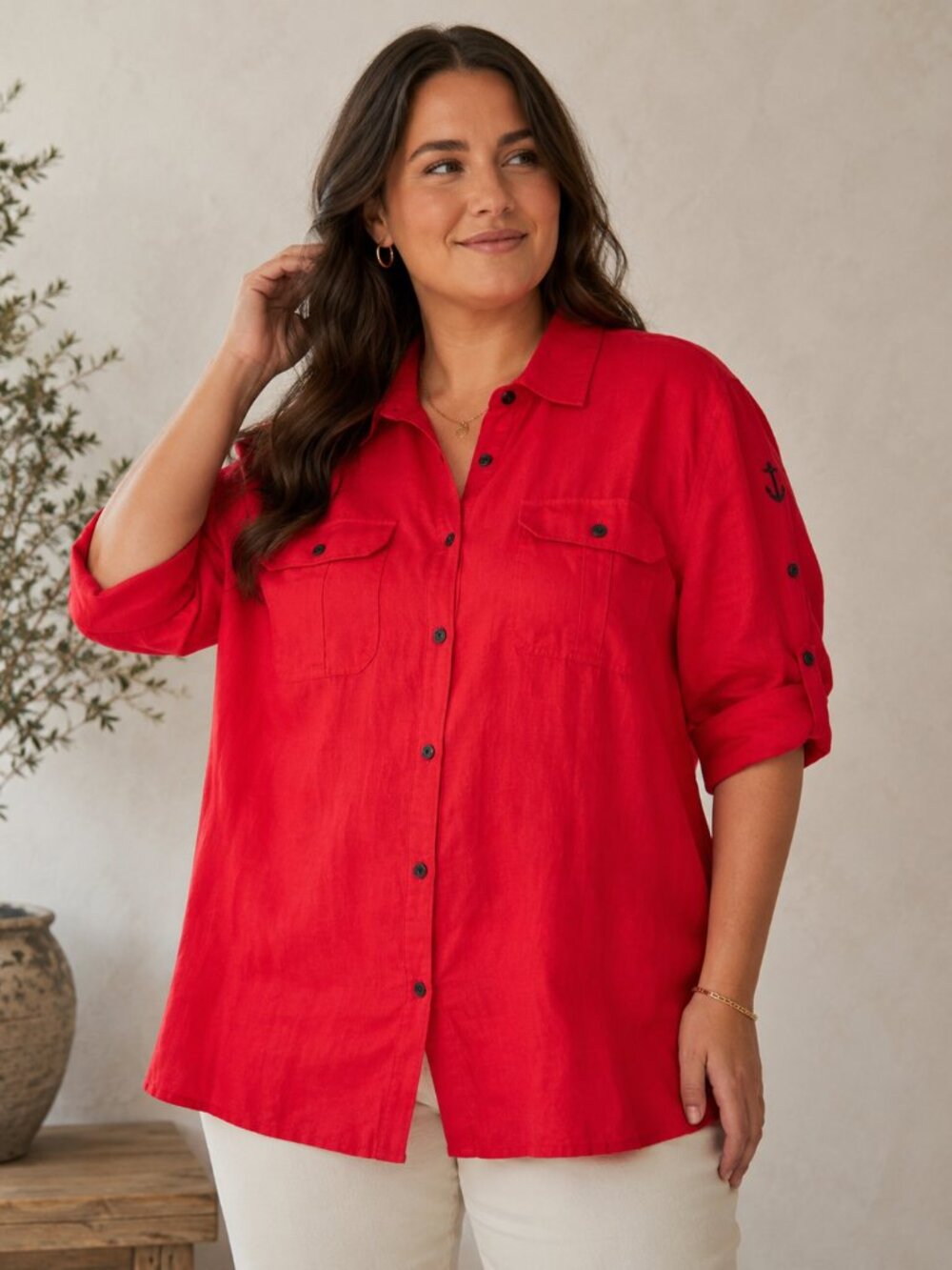 Lauren Ralph Lauren Red Linen Button Down Shirt 2X Coastal Nautical Classic